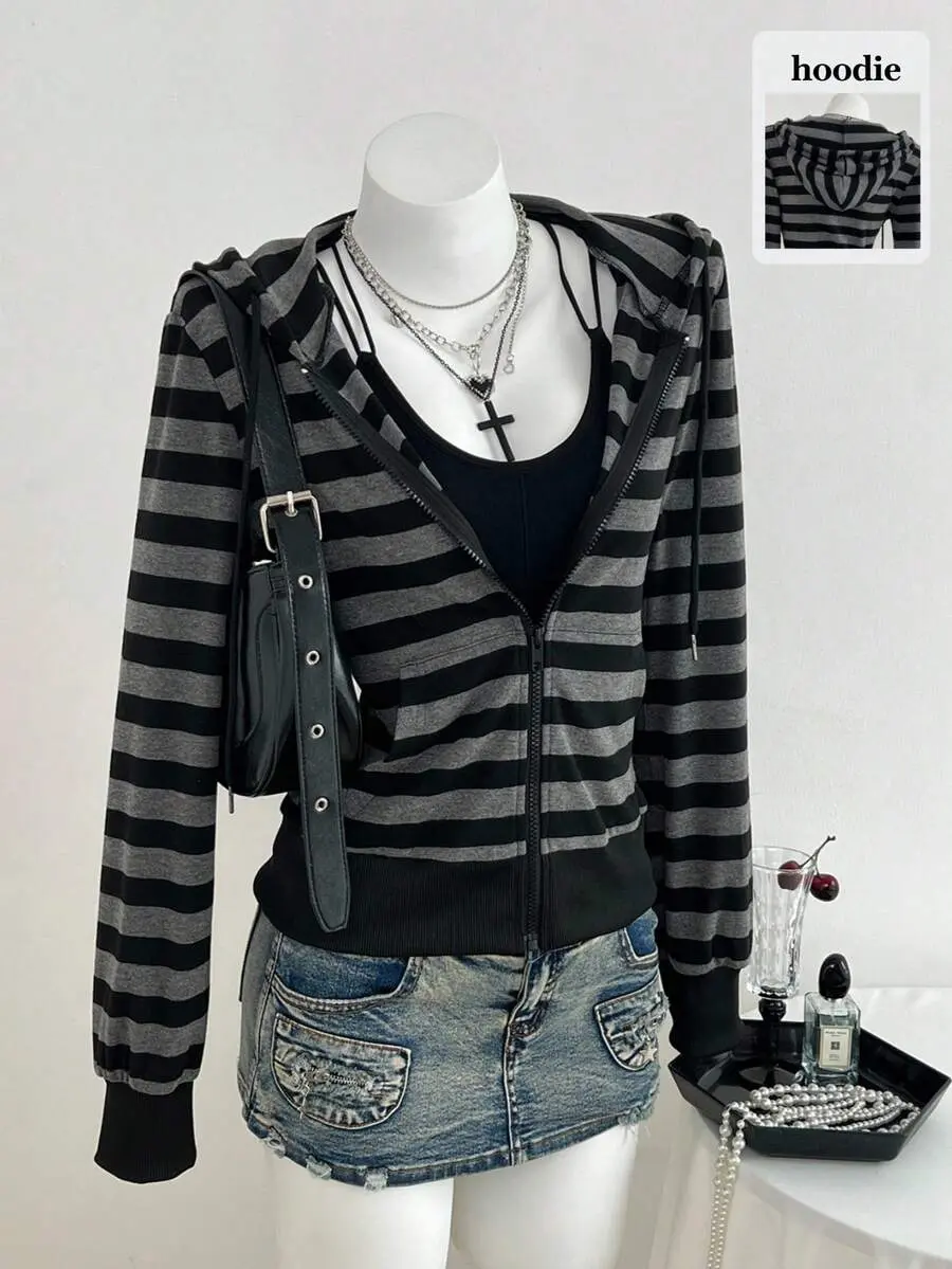 Elamini Women Black White Striped Long Sleeve Loose Ribbed Zip-Up Sweatshirt,Street Wear Y2k,Fall Winter,Everyday,Elegant & Cute Hoodie For School & Sports