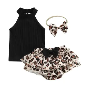 Infant Baby Girl Summer Outfits Sleeveless Halter Tops Leopard Print Layered Shorts Headband 3Pcs Cute Clothes