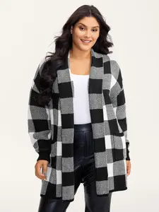 【 Pocket Approved 】 Bloomchic Checkered Jacquard Folded Collar Knit Cardigan Long Sleeve Kimono Collar Plaid Print Fitted Tunic Knitwear with Patch Pocket for Women Womenswear Tops