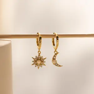 Opal Sun & Moon Huggies by Caitlyn Minimalist - Celestial Diamond Charm Earrings - Star Jewelry - Gift for Her