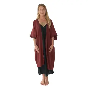 Linen Kimono with Blockprint Maroon Summer Plain Cotton Fabric Breathable Drape Elegance Bohemian Womenswear