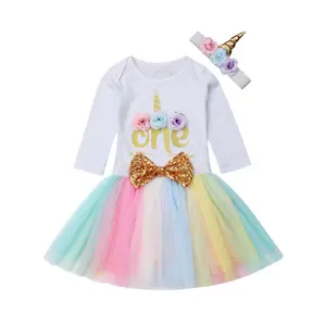 Baby Girls Unicorn 1st Birthday Outfit 3Pcs Set Long Sleeve Letter Romper Rainbow Tulle Tutu Skirt Flower Headband Toddler Infant Princess Party Clothes