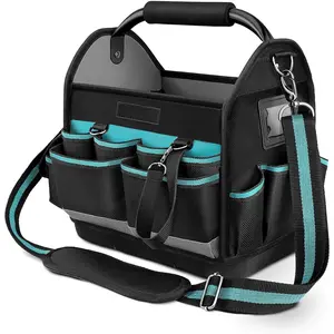 12 Inch Tool Tote with  Hard Bottom, Electrician Tool Bag with Rotating Handle, Open Top Tool Bag Wide Mouth Multi-Pockets, Tool Carrier for Mechanic Plumber Electrician HVAC