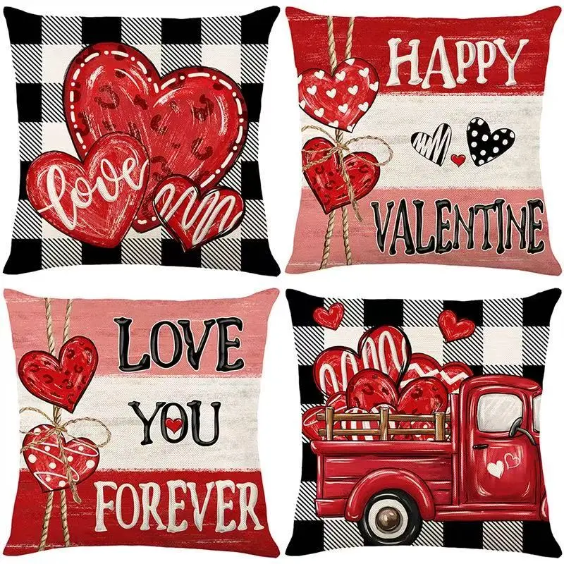 4pcs 17.7x17.7 inches Checkerboard Striped Heart Truck Valentine's Day Pillow Covers Soft and durable fabric with zip closure, modern holiday decor suitable for living rooms, bedrooms decorative pillow covers