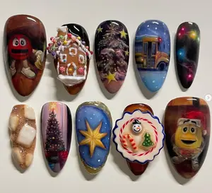 Festive Holiday Nails – Christmas Tree, Gingerbread House, Snowman Cookie, Golden Star, Candy Accents & Cozy Winter-Inspired 3D Nail Art