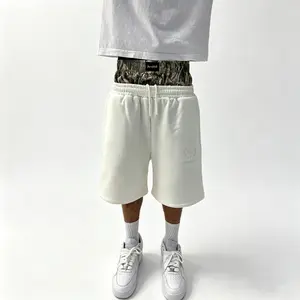 Men's Double Waisted Camo Grey Baggy Sweatpants Shorts, Cropped Cotton Loose Top Streetwear Y2K Hip Hop Trendy Casual Outfit for Back to School Campus Summer