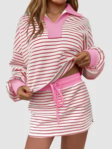 Women's Striped Casual Two-Piece Set - Polo Neck Long Sleeve Top & Mini Skirt Tracksuit