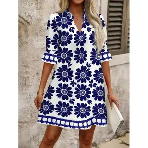 Blue and white Holiday Printed Mini Dress,Ladies Holiday Outfit,Ladies Holiday Dress Casual Fabric Shortsleeve Tunic