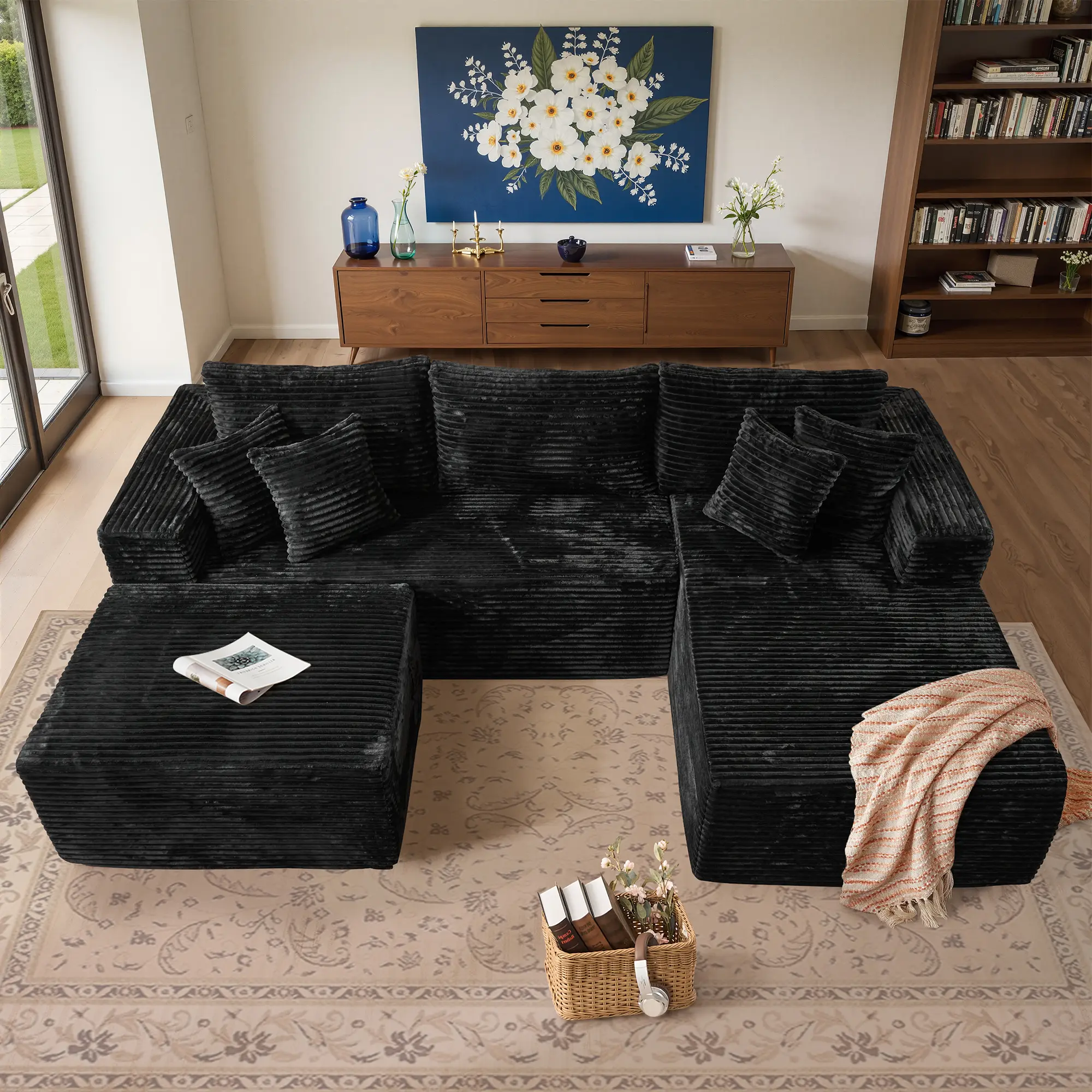 Balck Right Chaise With Ottoman