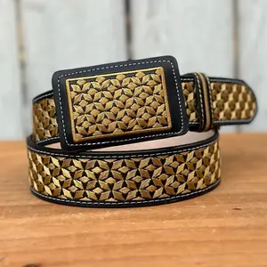 Black and Golden “Alegre” Embroidered Belt with Rectangular Buckle - Men’s Western Belts