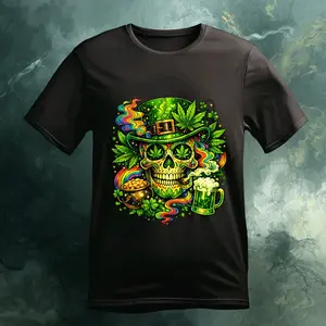 St Patrick's Day Skull T-Shirt with Pot Leaf Hat and Beer Mug Design for Men