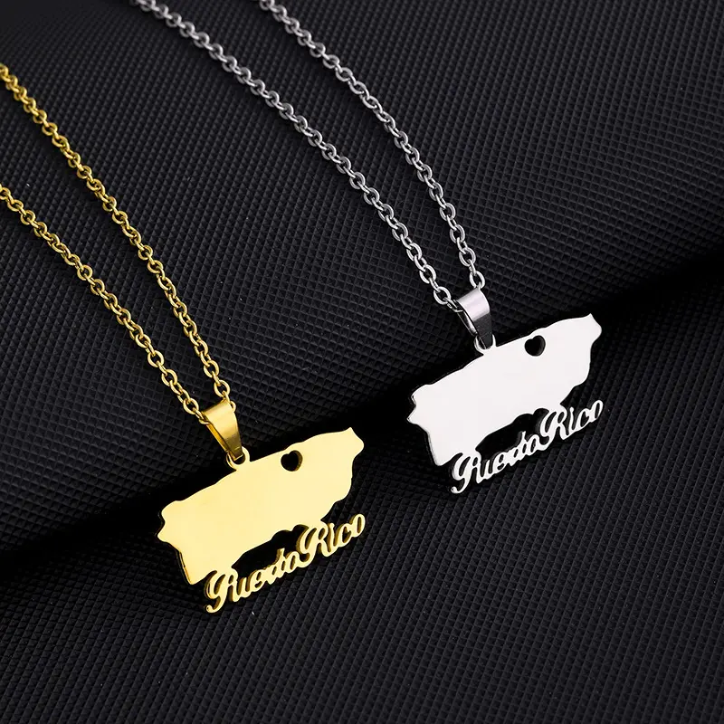 Titanium Steel Necklace with an Ethnic Look Puerto Rico Map Charm, Glossy Heart-Shaped Pendant for Men and Women, Daily Wear Jewelry, Glossy Finish, Female, Metal Coating, Adults