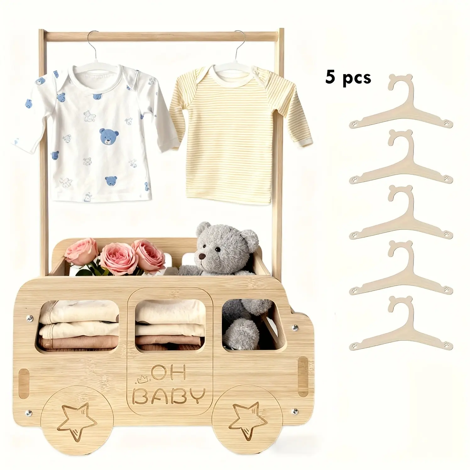 Wooden Baby Shower Crate Closet with 5 Hangers, Bus Shape Baby Shower Basket with Handle Baby Storage Crate, Crate for Pregnancy New Parent, Clothes Basket, Storage For Organizing, Playroom Kidsroom & Home Organizer, Perfect Christmas Gift