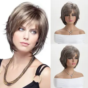 Wig for middle-aged women, fashionable realistic high-temperature silk slightly curly short hair, wig