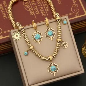Women's Vintage Boho Turquoise Jewelry Set - Gold Sun Pendant Necklace, Earrings | Bohemian Statement Jewelry for Leisure & Outdoor Recreation