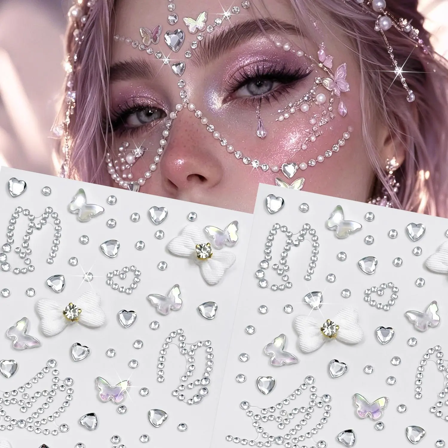 1Pcs White Iridescent Butterfly Face Jewels Self-Adhesive Sparkly Bow Heart Crystal Rhinestone Stickers Gems For Eye Face Makeup