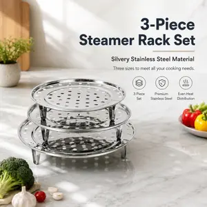 3-Piece Stainless Steel Steamer Rack, Stackable Thickened Steam Tray, Kitchen Water-separating Steamer Stand with Feet & Vent Holes, Fits Various Pot Sizes