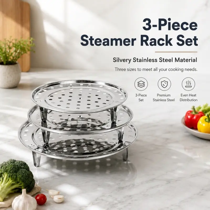 3-Piece Stainless Steel Steamer Rack, Stackable Thickened Steam Tray, Kitchen Water-separating Steamer Stand with Feet & Vent Holes, Fits Various Pot Sizes, Kitchenware
