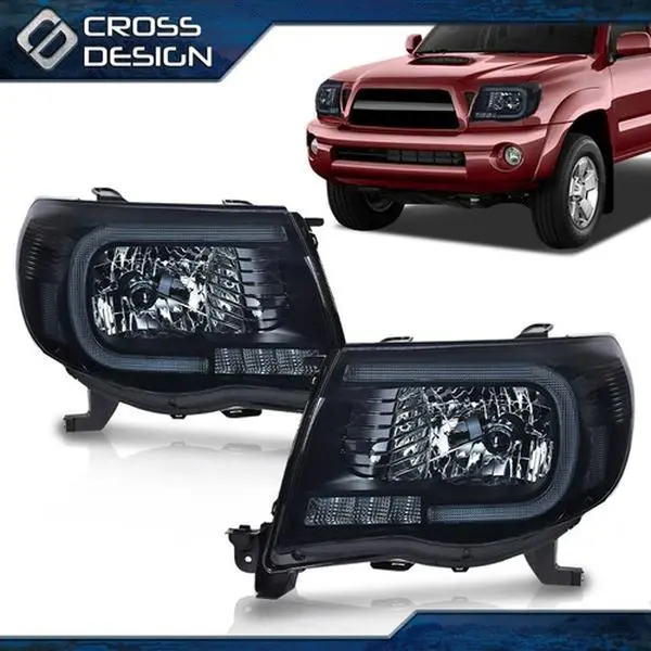 CROSSDESIGN Smoke LED Tube DRL Projector LED Headlight Assembly, 1 Pair, Compatible with 2005-2011 Toyota Tacoma