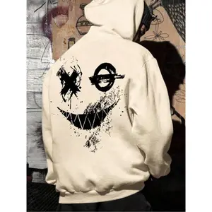 Male capsule wardrobe Men's Smile Face Print Pocket Hoodie, Regular Fit Casual Fashion Street Hooded Sweatshirt for Daily Holiday Outdoor Wear, Men Trendy Grunge Clothes for Fall & Winter
