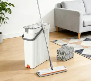 Hands-Free Flat Mop And Bucket Set - Mop And Bucket With Wringer Set With 360° Rotating Mop Head For Effortless, No Dead Corner Floor And Wall Cleaning, Self-Wringing Design, Includes 4 Microfiber Cloths, Perfect For Home, Kitchen, Hardwood Floors