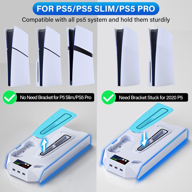Cooling Stand for PS5 with Dual Controller Charging Base for PS5 Console Disc/Digital, 3 Levels Cooling Fan 3 USB Hub,  PS5 Accessories