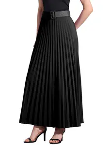 INSPIRE CHIC Flowy Pleated Elastic High Waist with Belt Swing A-line Chic Maxi Skirt