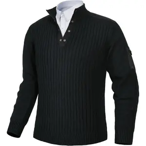 Pioneer Camp Men's Cable Knit Pullover Sweater Casual Long Sleeve Stand Collar Snap Button Knitted Sweaters Fall Winter