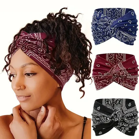 Women's Boho Chic Headbands, 3-Count Elastic Fabric Bandana-Style Hair Accessories - Soft, Breathable for Daily, Everyday Workout, Yoga