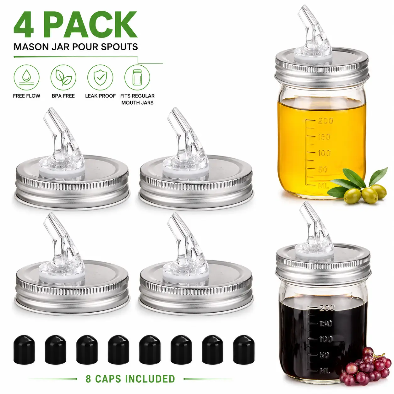 Mason Jar Pour Spouts. free flow Mason Jar Pour Spouts, mason jar for spout regular mouth size 70mm dispenser germination cover. Suitable for any liquid. Leak-Proof 4-Pack + 8 Lid Caps (silver color)