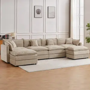 Corduroy Modular Sectional Sofa Set, 147.2in U-Shaped 4-Seater Comfortable Convertible Couch with Armrests & Movable Ottoman for Interior Living Room Apartment