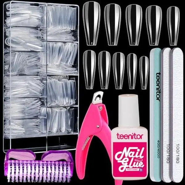 Teenitor Clear Coffin Nail Tips Set, Long Acrylic Nail Kit Full Cover Clear Press On Nails, 600 Pcs Fake Nails with Glue, Acrylic Nail Clipper Files and Buffer Polisher