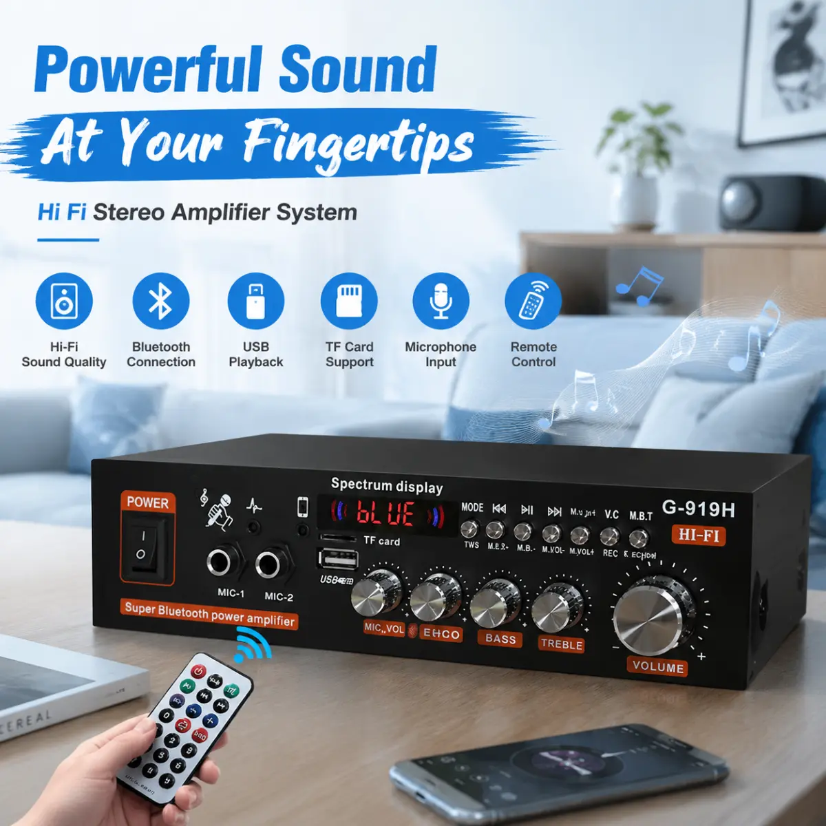 G-919H Bluetooth Hi-Fi Stereo Power Amplifier Board with Spectrum Display, Dual Microphone Jacks, Treble-Bass-Echo Adjustment, USB/TF/FM Support & Wireless Remote for Home Speakers, Parties