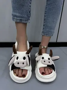 Cute Cow Plush Linen Slippers for Women, Thick Sole Non-Slip One-Lane Slipper, Breathable Sweat-Absorbing Anti-Skid Home Outdoor Shoes