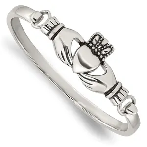 JewelryWeb Stainless Steel Oxidized Claddagh Celtic Crown and Heart Hinged Bangle Bracelet 18mm Wide Hypoallergenic Hook Clasp Polished Cuff for Women