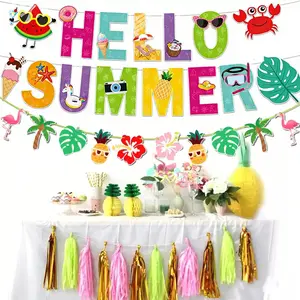Hello Summer Hawaiian Beach Party Decorations, Flamingo Pineapple Turtle Leaf Banner, Seaside Birthday Decoration Supplies