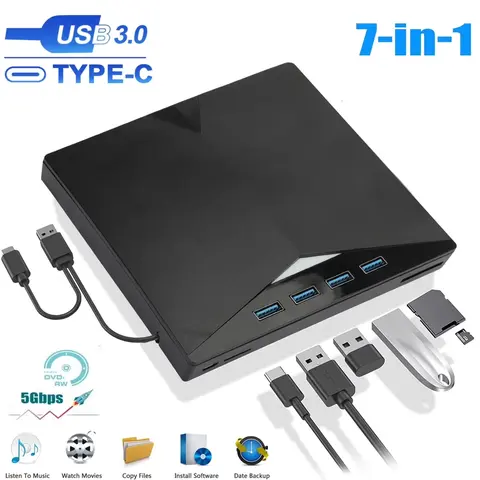 7-in-1 Portable Type-C USB 3.0 External CD/DVD Drive ROM Burner, PC Accessories with TF/SD Card Slot, Max 24xCD Speed, Power via Micro USB for Office Desktop Windows 11/10/8/7 Linux Mac OS (Black)