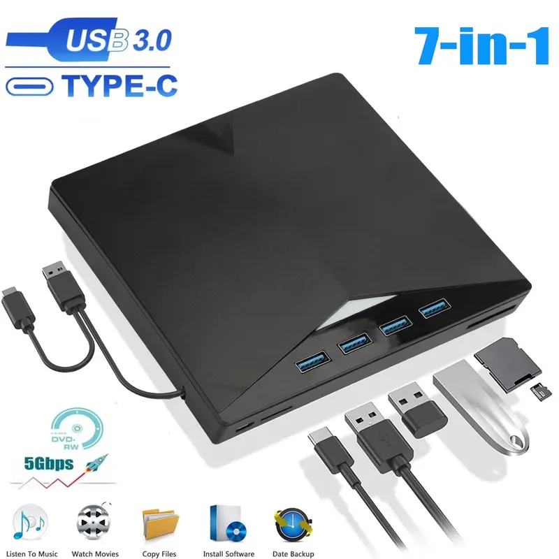 7-in-1 Portable Type-C USB 3.0 External CD/DVD Drive ROM Burner, PC Accessories with TF/SD Card Slot, Max 24xCD Speed, Power via Micro USB for Office Desktop Windows 11/10/8/7 Linux Mac OS (Black)