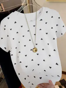 Plus-size women's short-sleeve printed Heart T-shirts, casual summer tops, Womenswear