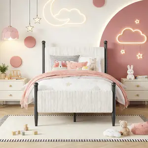 Garvee - Single Size Bed Frame with Vertical Stripe Headboard, Classic Upholstered Corduroy Bed Frame with Metal Legs, No Box Spring Needed, Easy Assembly, White Color
