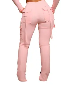 Workwear pocket drawstring waistband slit leg casual pants