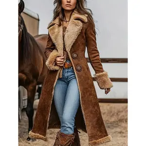 Women'S Western Vintage Plush Trench Coat - Long Winter Coat with Full-Length Button Front Closure, Soft Plush Lining & Structured Collar, Warm Brown Jacket for Fall/Winter, Casual to Semi-Formal Outfits