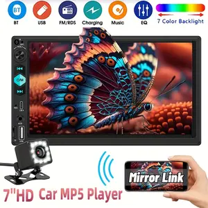 [17.78 cm Support Type-C Car MP5 Player] 17.78 cm Double Din Car Stereo Player | Car MP5 Media Player with Wireless FM, Type-C/Usb/Tf/Aux Input, 2 Din Car Radio with Mirror Link, Media Players with 12LED Backup Camera - Universal Car Stereo for All