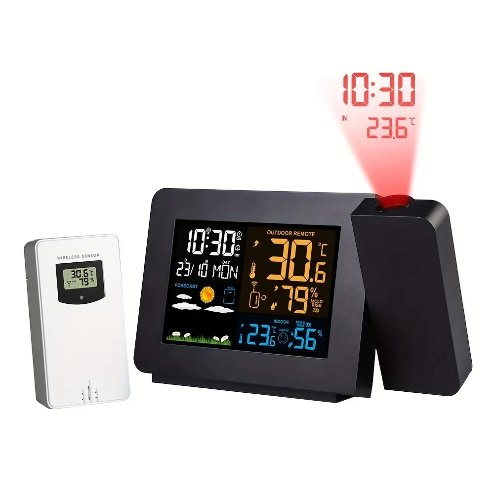Color Screen Weather Station with DCF/WWVB Radio-Controlled Time, 12/24-Hour Format, 7 Languages, Indoor/Outdoor Thermometer Hygrometer, Barometric Pressure, 12-Hour Forecast, USB Charging, 3 Outdoor Sensors