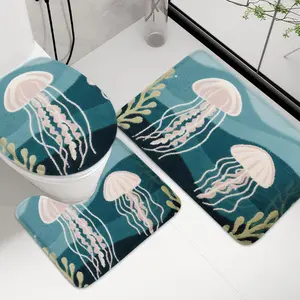 3-Piece Deep Sea Jellyfish Bath Mat Set, Colorful Print Shower Absorbent Foot Pad, Reusable Fluffy Small Rug for Kitchen Door Bathroom
