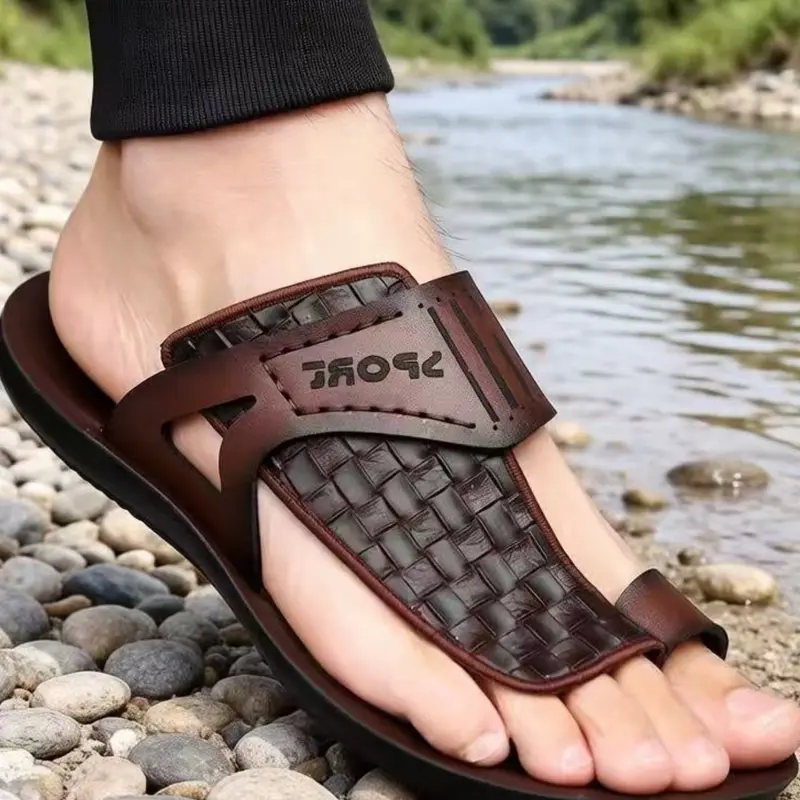 Men's Summer Leather Strap Strappy Sandals Letter Print Decorative Straw Texture Casual Fashion Anti-Slip Thin Sole Beach Shoes Summer Footwear Shoe