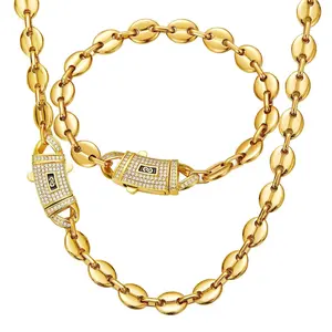 Set 2Pcs 14K Gold Vacuum Plated with 5A+ Sri Lanka Zircon Stainless Steel Chain & Copper Coffee bean bag Clasp Miami Cuban Link Chain Italy Mexico & Micro Inspired Unisex Hip Hop 6-10mm Necklace&Bracelet for Men & Women Jewelry,Daily,Fashion,Gift,Chicano