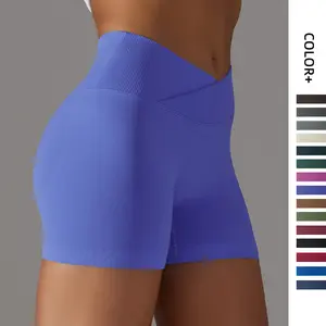 New Seamless Knit Breathable Solid Color Cross-Waist Peach Butt Yoga Shorts Running Fitness Three-Quarter Pants for Women