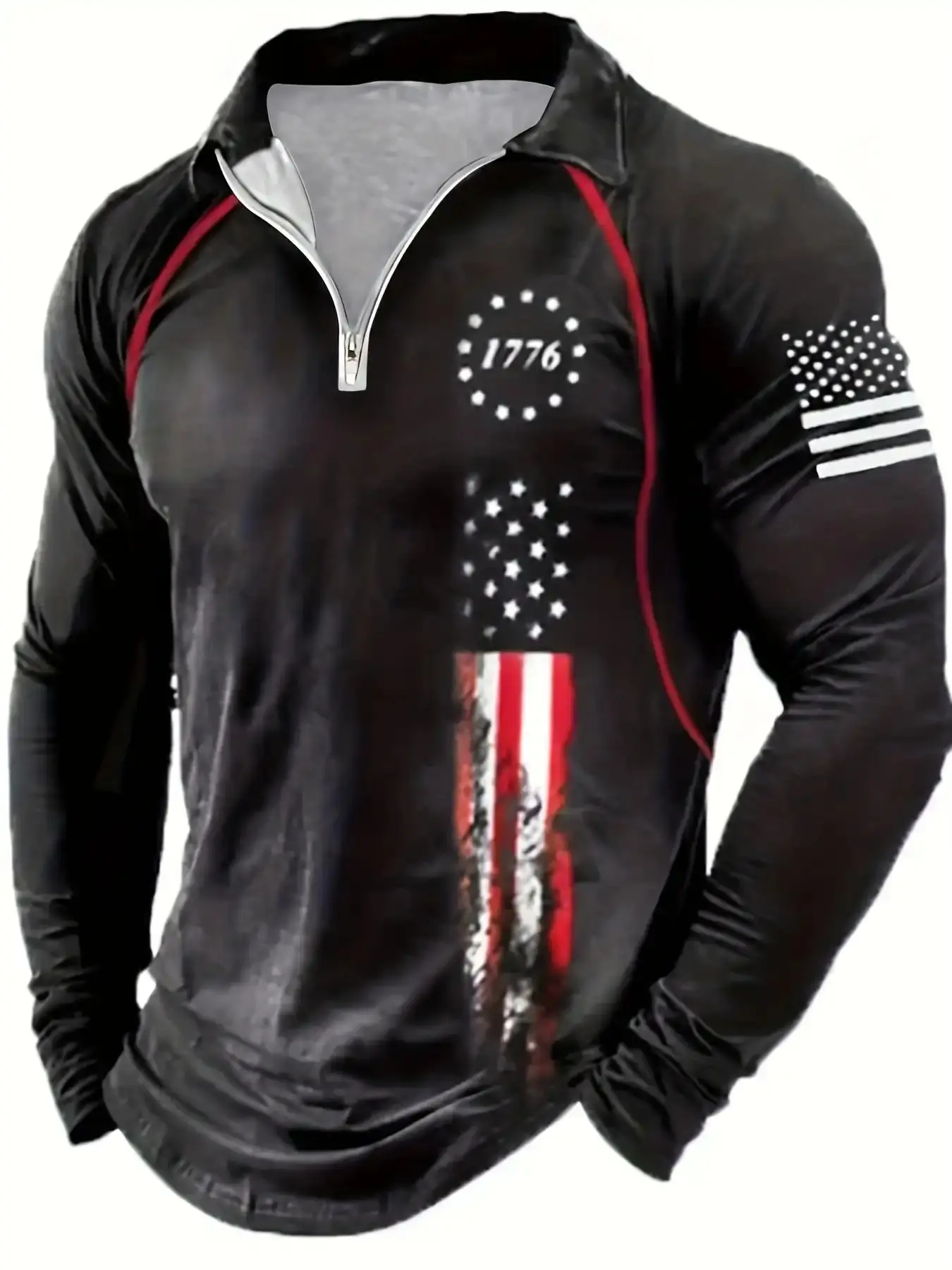 Men's Star Flag Print Polo Shirt Long Sleeve Collared Zipper Outdoor Sporty Streetwear All Season Top, must have item, on the go, wardrobe staple, everyday wear, essential piece, trendy style, wardrobe essential