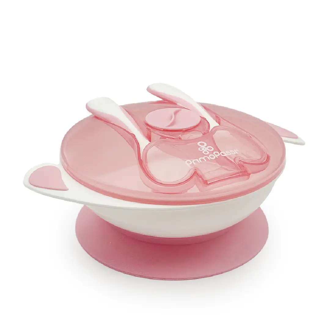 Primo Passi Baby Suction Bowl with Lid Snap-in Fork & Spoon - BPA Free First Stage Self Feeding Utensils, Light Pink